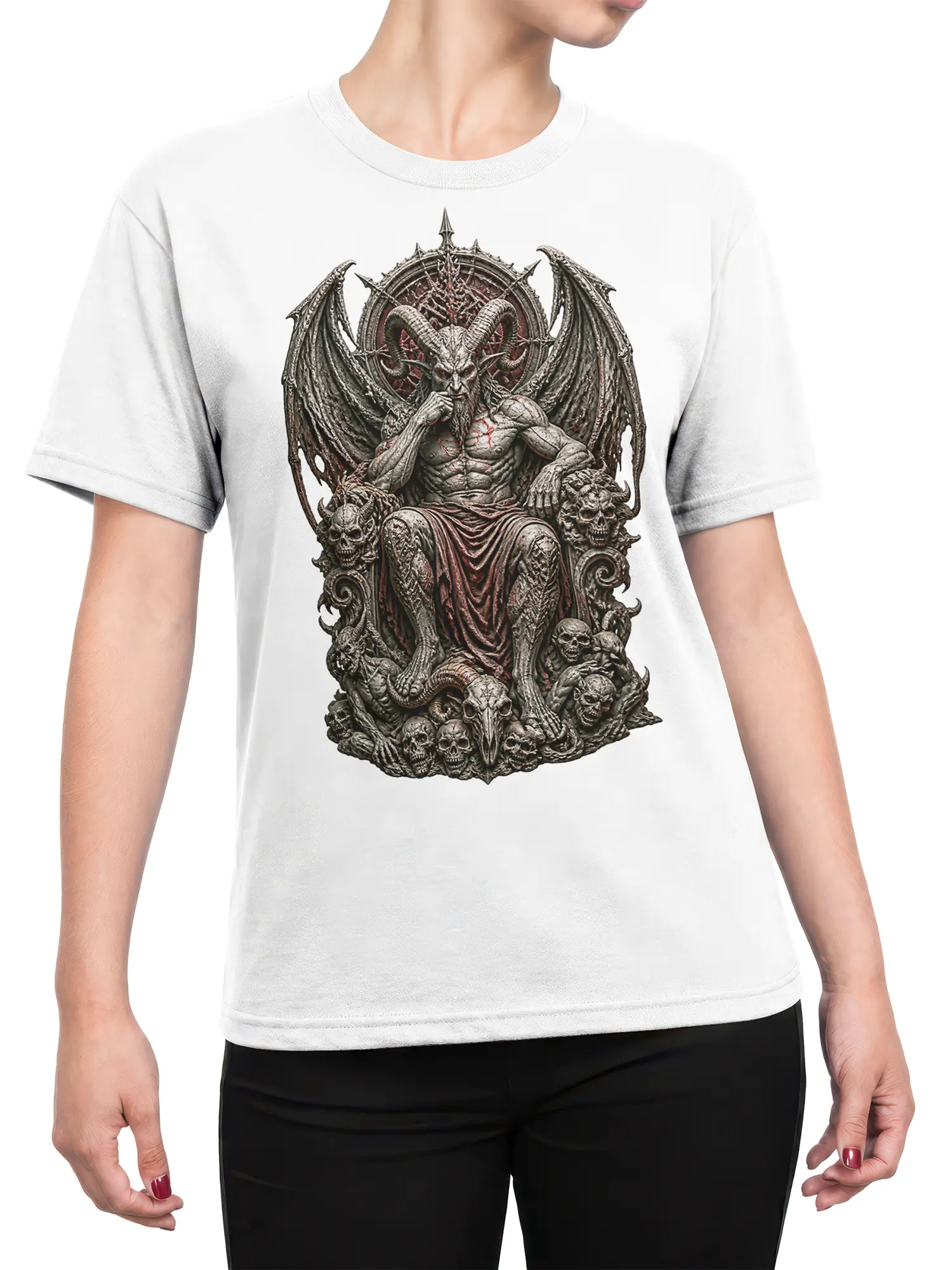 Female torso wearing a white T-shirt with a horned winged throne figure and skull artwork