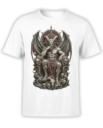 White T-shirt with a horned winged figure seated on a throne surrounded by skulls and gothic fantasy details