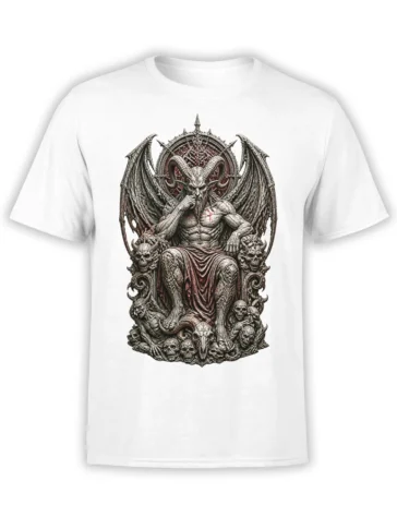 White T-shirt with a horned winged figure seated on a throne surrounded by skulls and gothic fantasy details