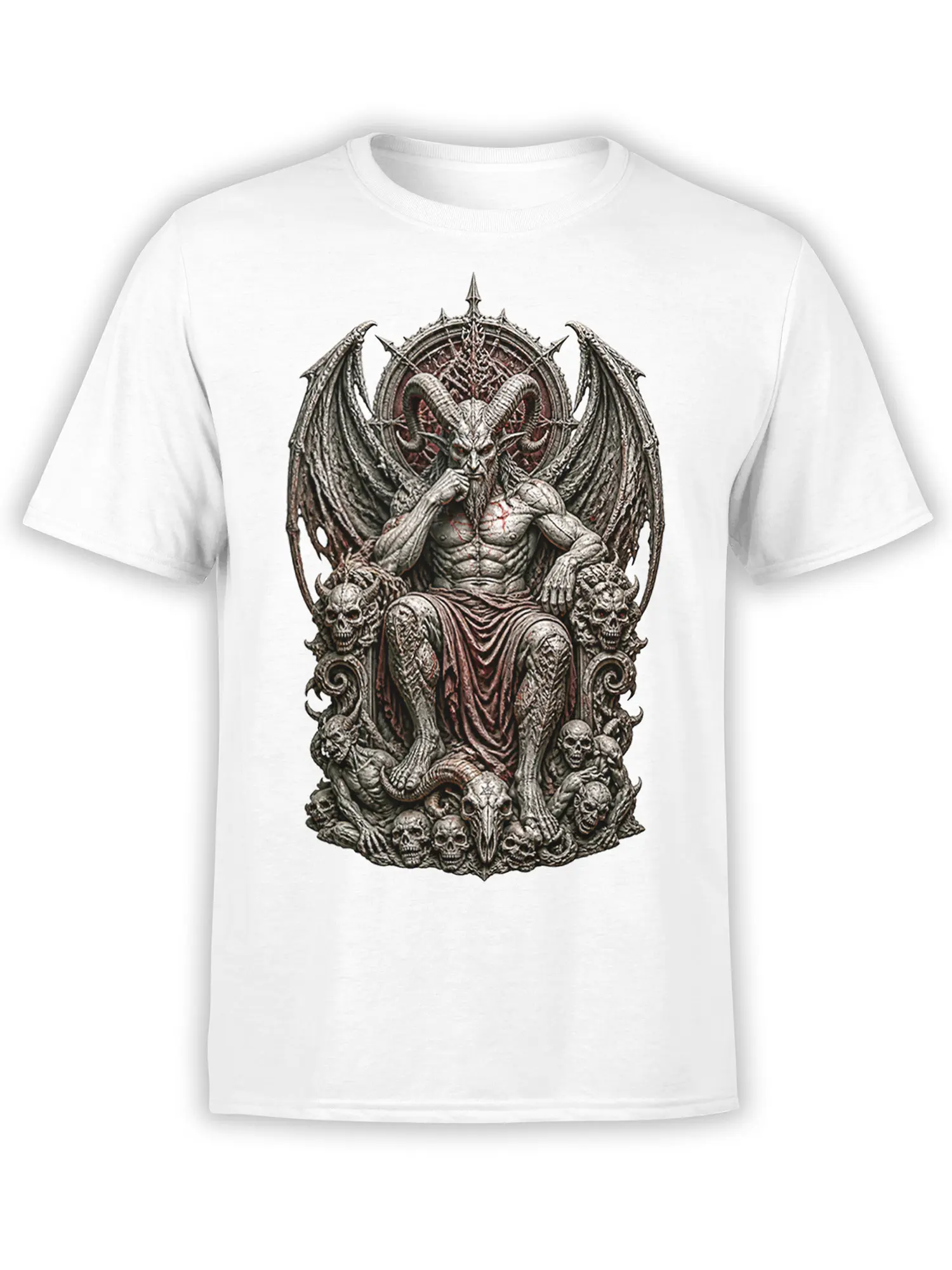 White T-shirt with a horned winged figure seated on a throne surrounded by skulls and gothic fantasy details