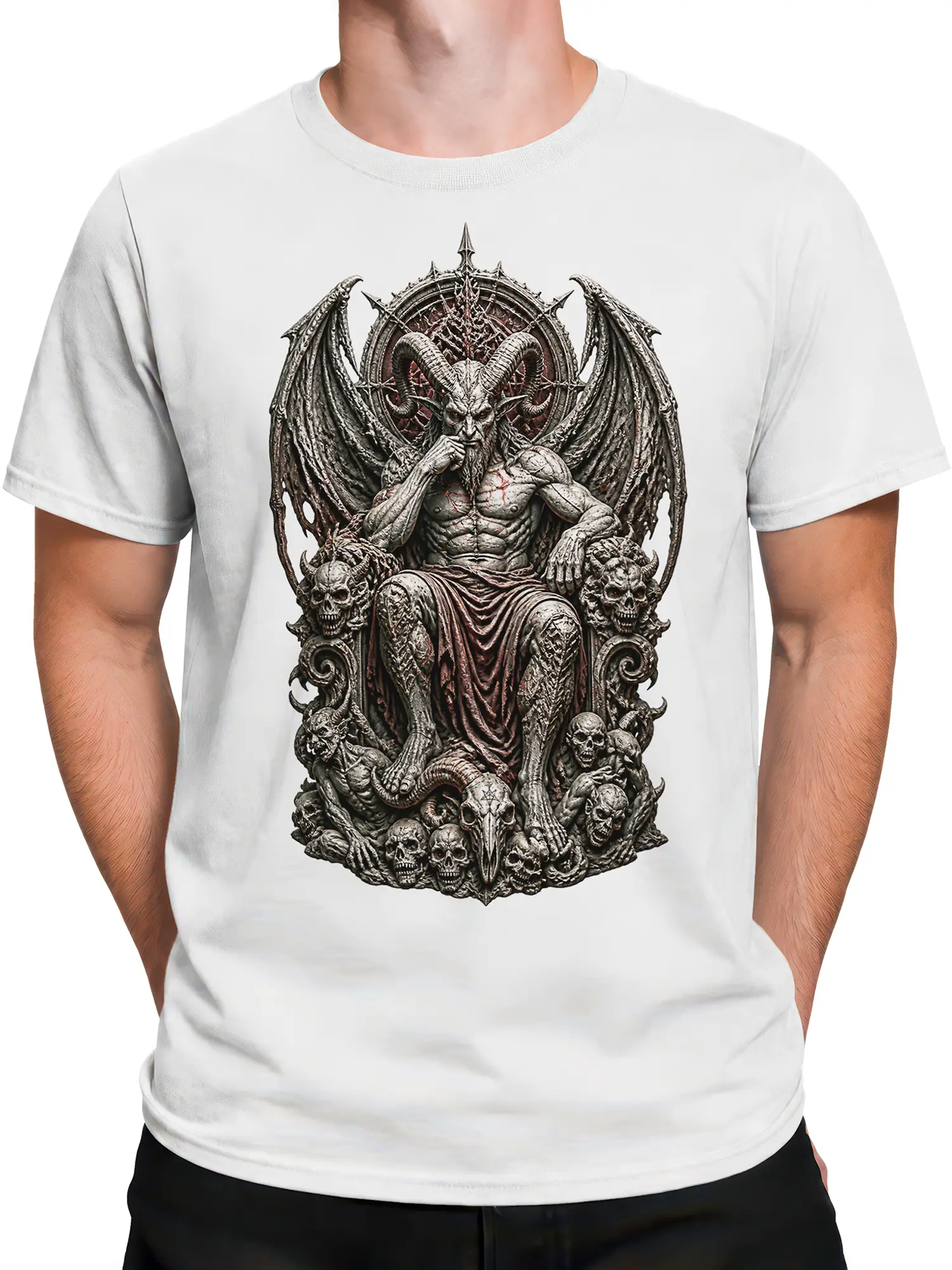 Male torso wearing a white T-shirt with detailed horned figure, wings, throne, and skulls