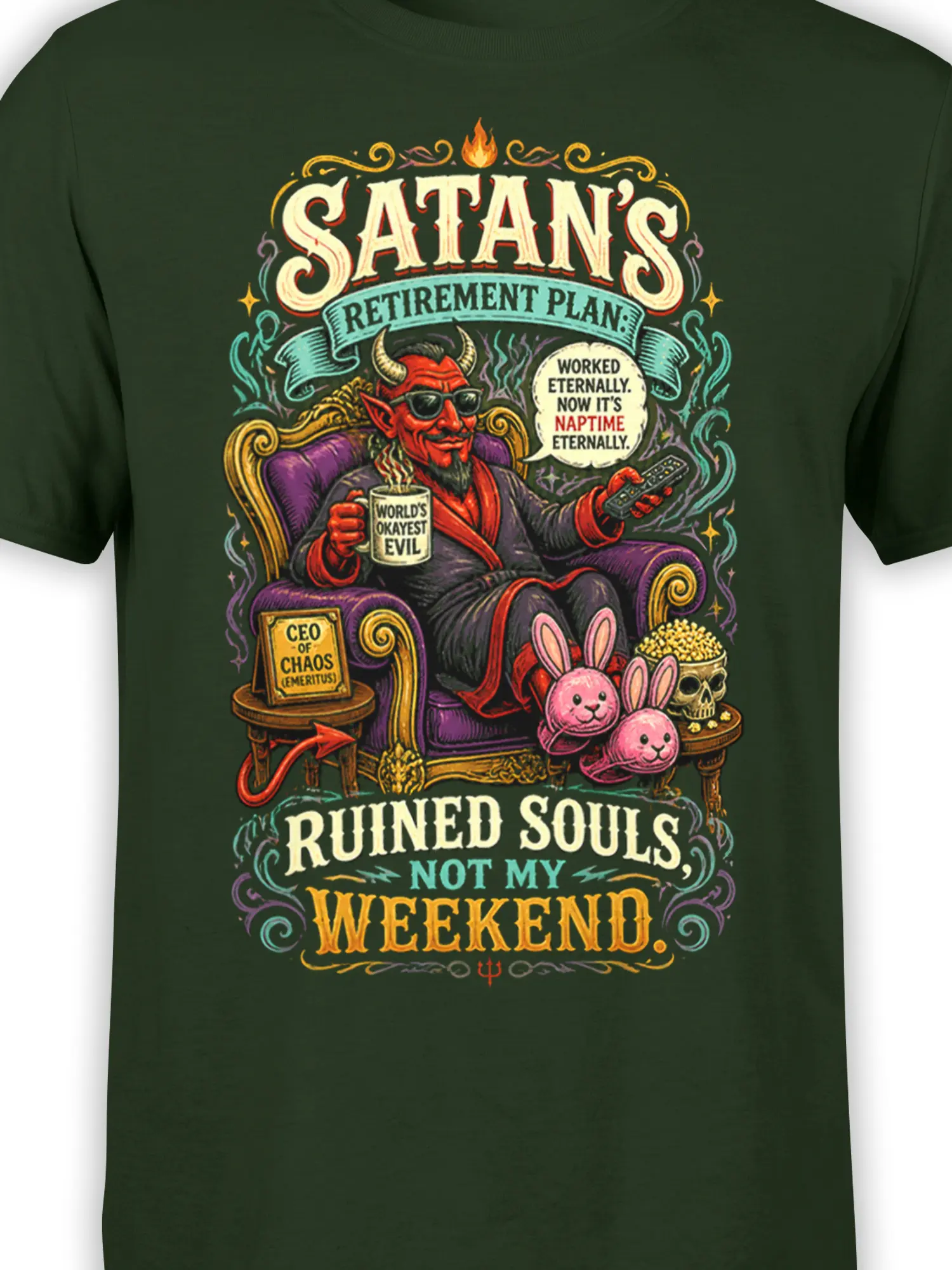 Close-up of Satan retirement graphic with devil, CEO of Chaos plaque, remote control, skull, and vintage lettering