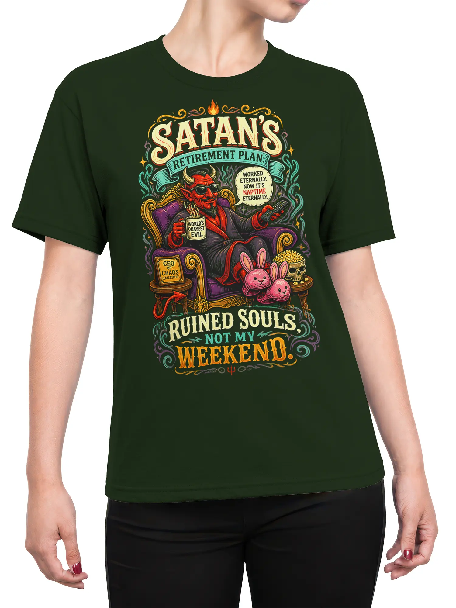 Female torso wearing a dark green Satan T-shirt with a vintage devil retirement graphic and ruined souls weekend slogan