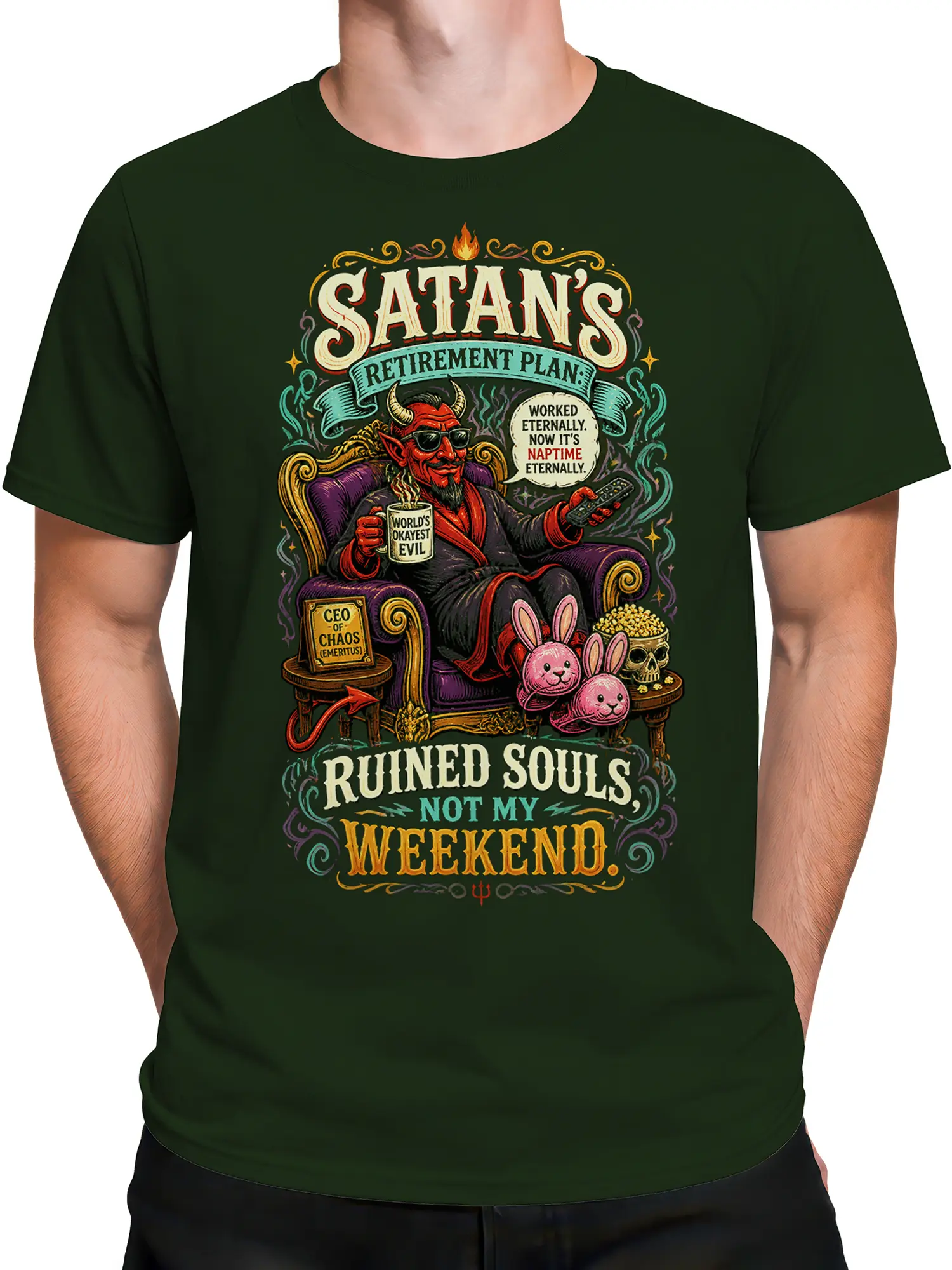 Male torso wearing a dark green Satan T-shirt with a colorful devil retirement design and ornate lettering