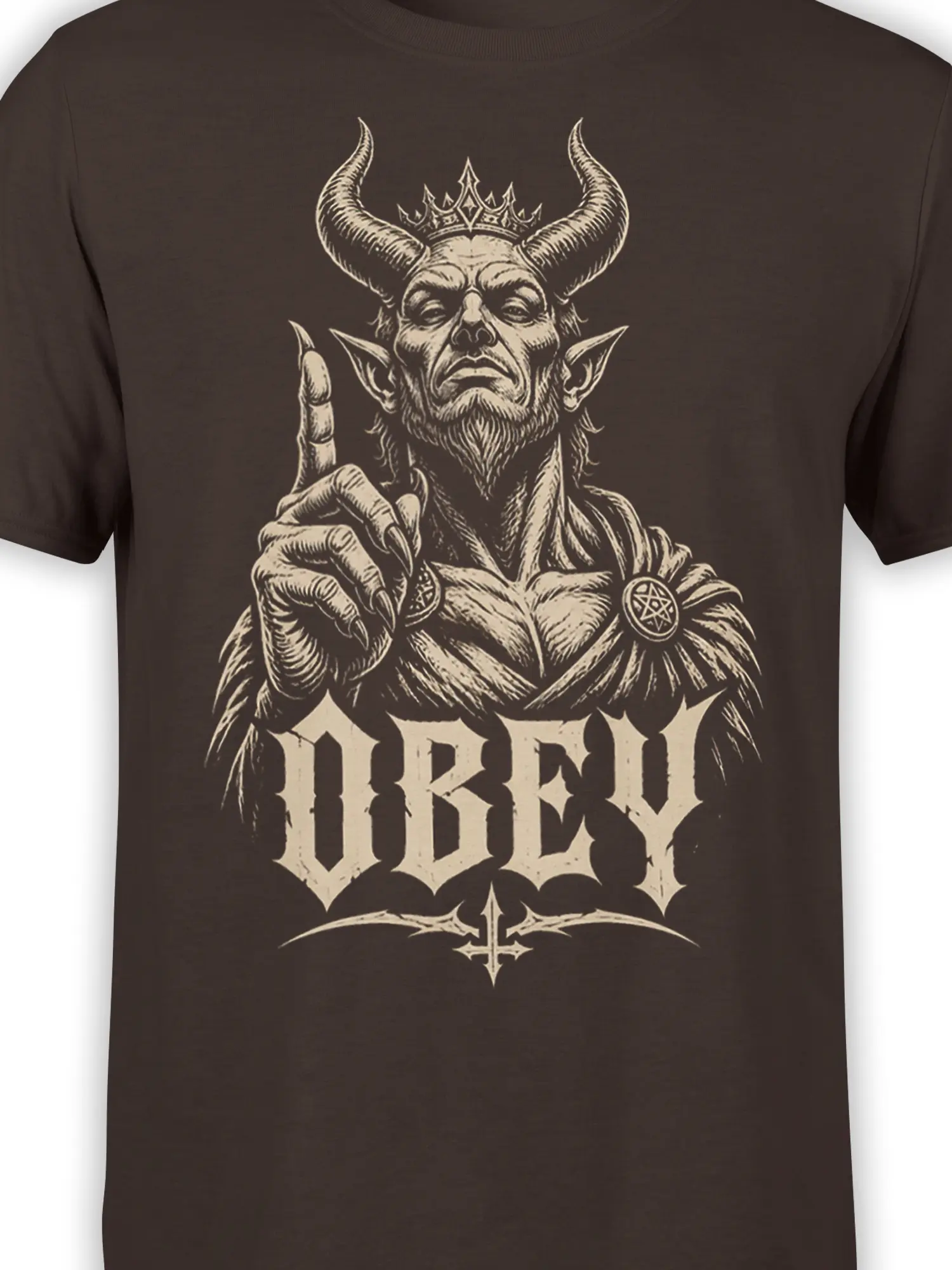 Close-up of the crowned demon artwork, curved horns, clawed hands, and occult symbols on a brown shirt