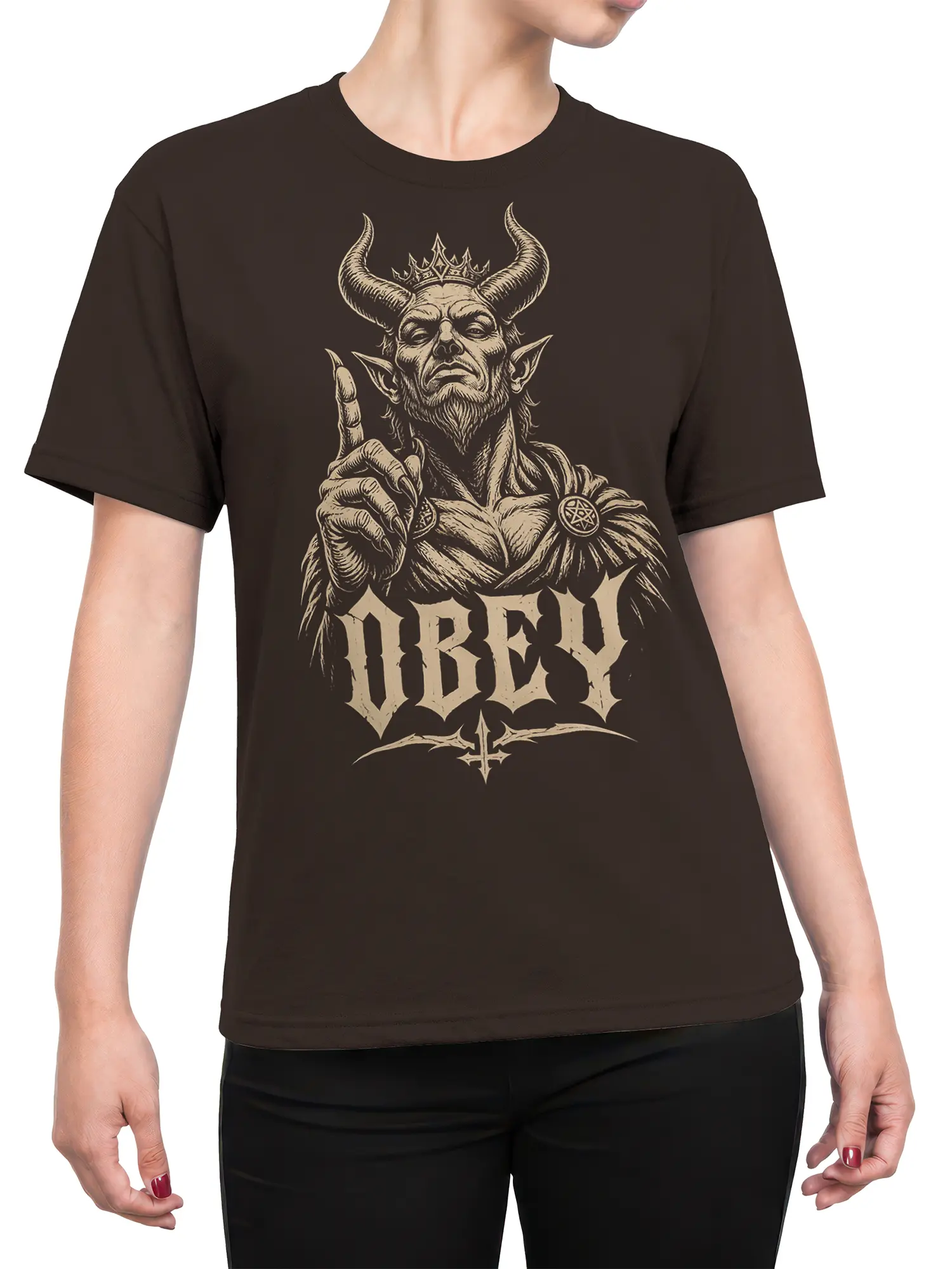 Female torso wearing a dark brown T-shirt with a horned crowned demon fantasy graphic and gothic lettering