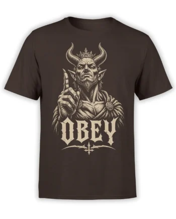 Horned crowned demon graphic with occult symbols and gothic lettering on a dark brown fantasy T-shirt