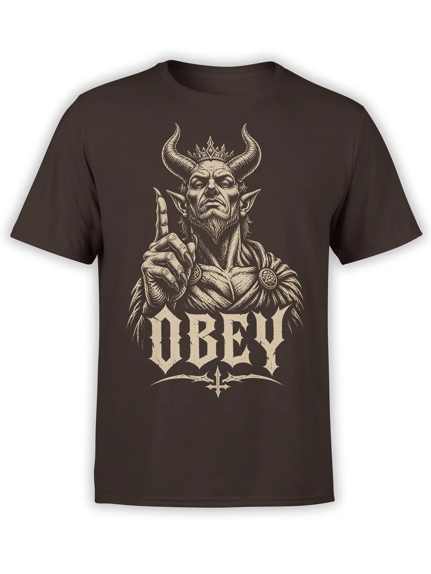 Horned crowned demon graphic with occult symbols and gothic lettering on a dark brown fantasy T-shirt
