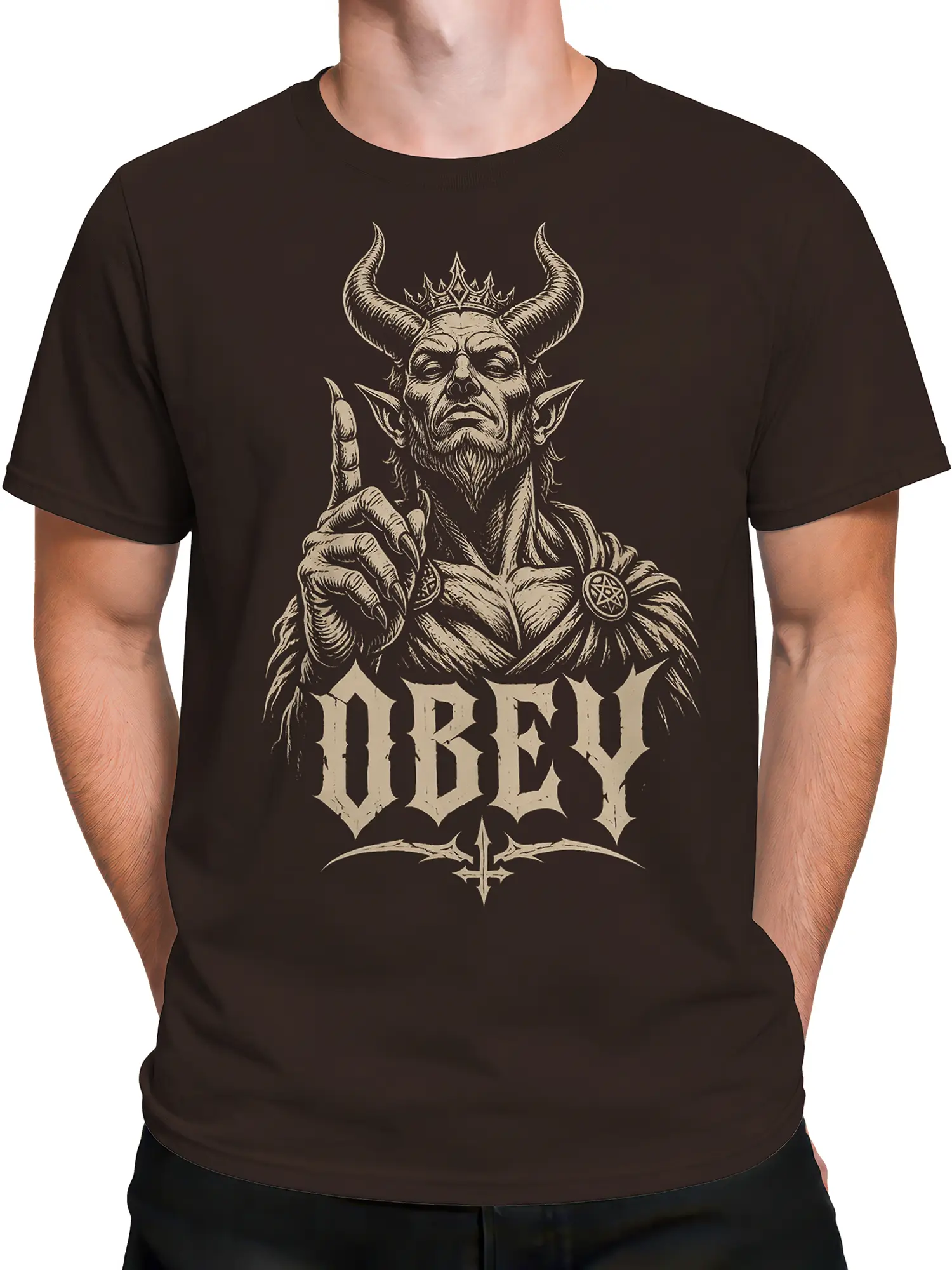 Male torso wearing a dark brown T-shirt with a crowned demon, occult symbols, and gothic lettering