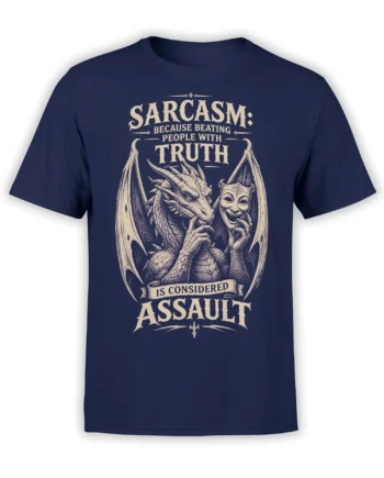 Front view of navy dragon T-shirt with cream winged artwork, theatrical mask, and sarcastic truth slogan