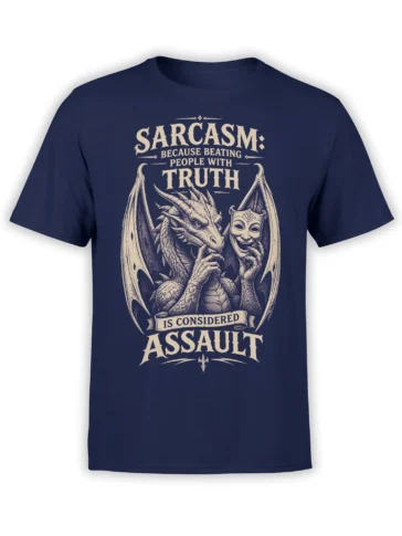 Front view of navy dragon T-shirt with cream winged artwork, theatrical mask, and sarcastic truth slogan