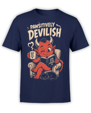 Adorably wicked red devil reading a book beside a sleeping black cat on a navy T-shirt