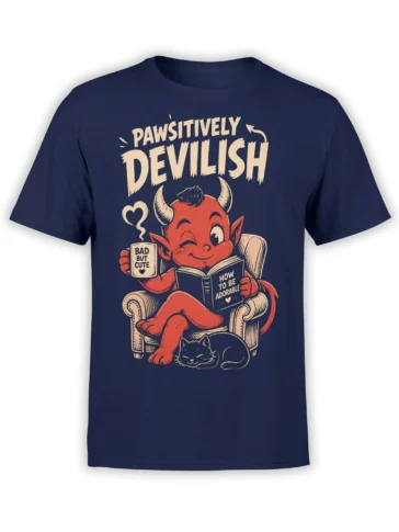 Adorably wicked red devil reading a book beside a sleeping black cat on a navy T-shirt