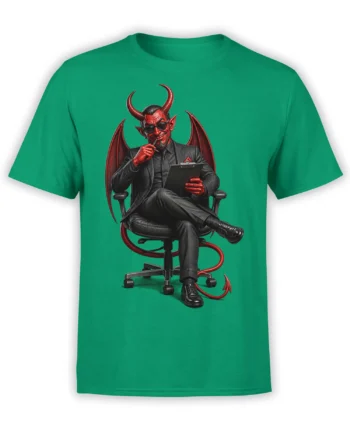 Suited red devil with horns, wings, and clipboard on a green Executive Inferno T-shirt