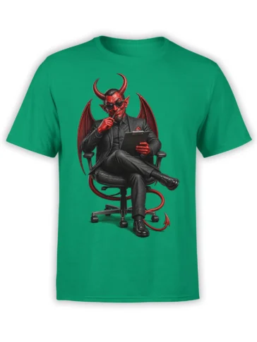 Suited red devil with horns, wings, and clipboard on a green Executive Inferno T-shirt