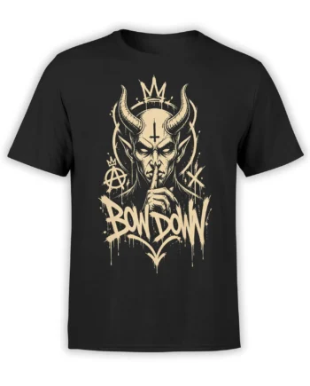 Black devil t-shirt with crowned horned demon artwork, cream “BOW DOWN” lettering, and rebellious symbols