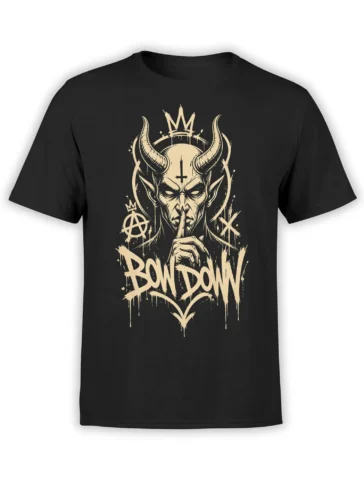 Black devil t-shirt with crowned horned demon artwork, cream “BOW DOWN” lettering, and rebellious symbols
