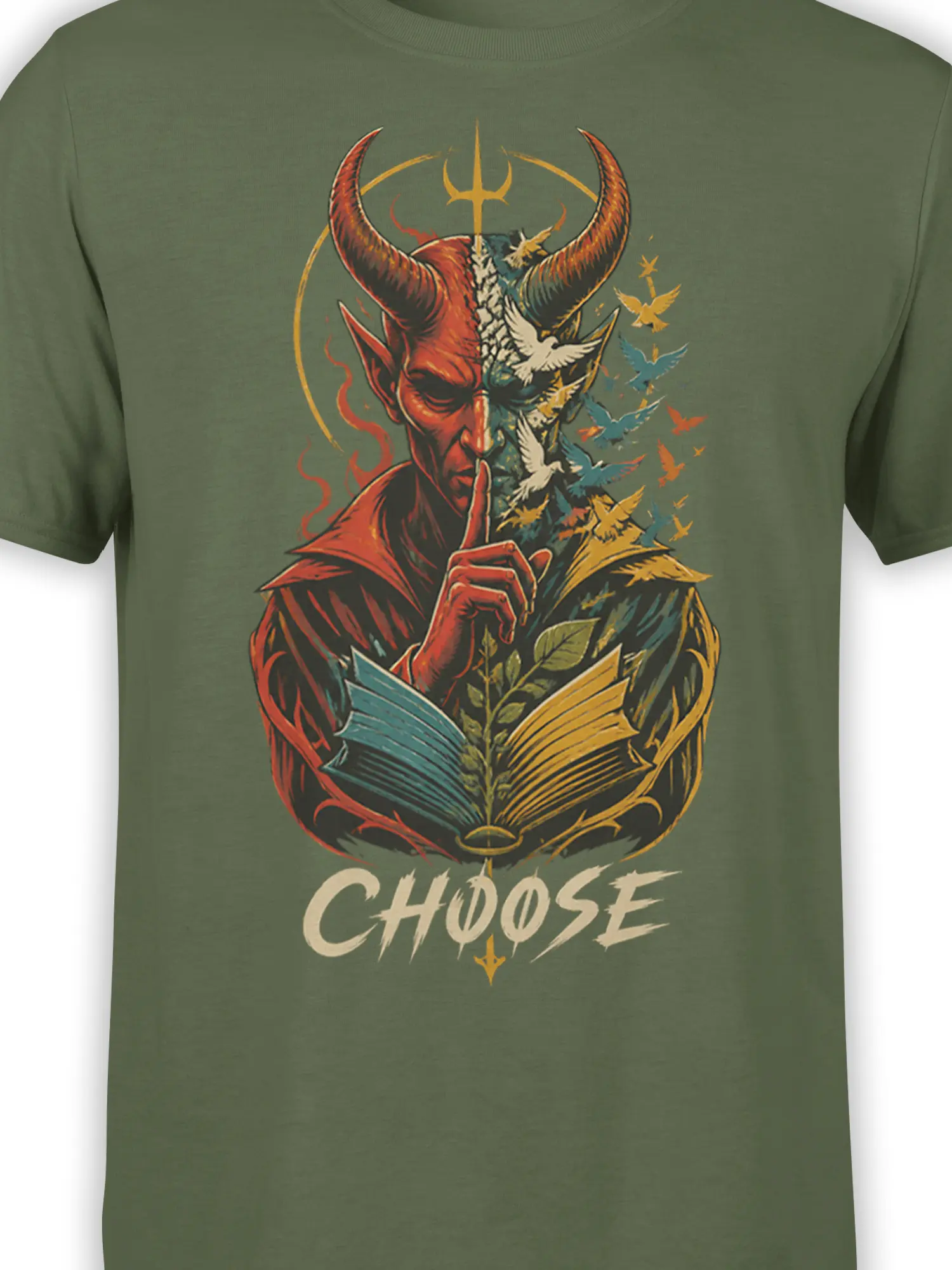 Close-up of horned fantasy figure, open book, flying birds, and CHOOSE print on green fabric