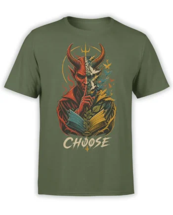 Olive green fantasy T-shirt with a horned red figure, open book, flying birds, and CHOOSE lettering