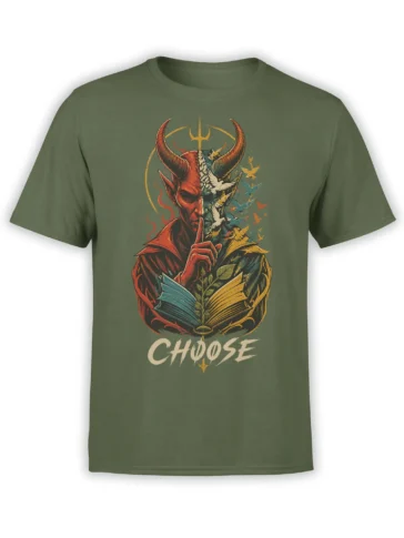 Olive green fantasy T-shirt with a horned red figure, open book, flying birds, and CHOOSE lettering