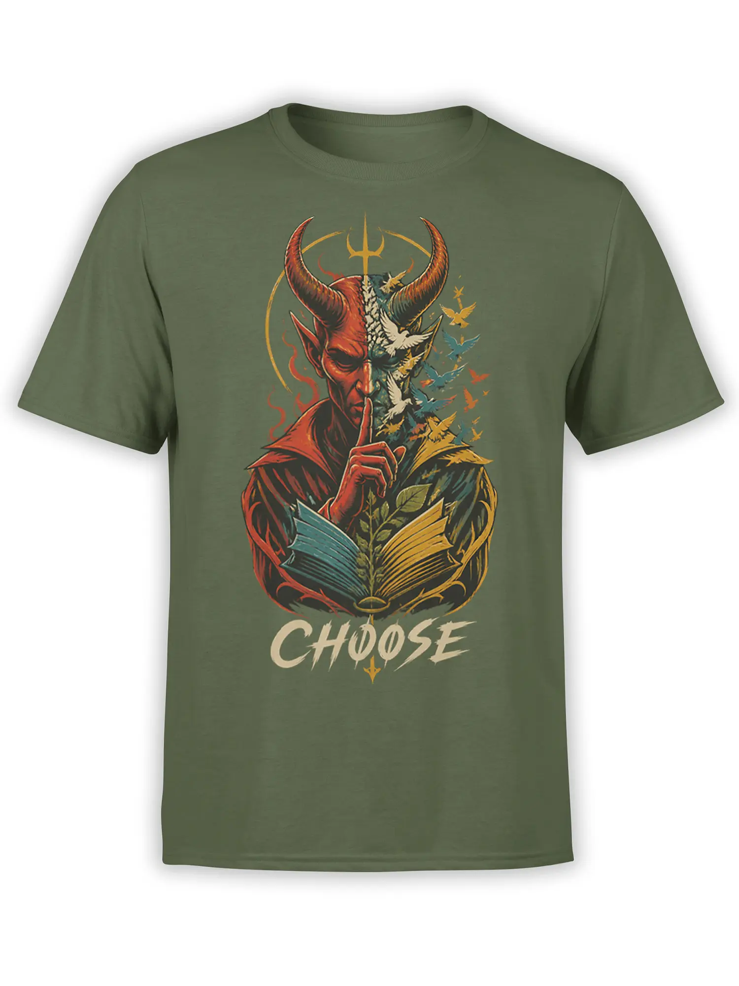 Olive green fantasy T-shirt with a horned red figure, open book, flying birds, and CHOOSE lettering