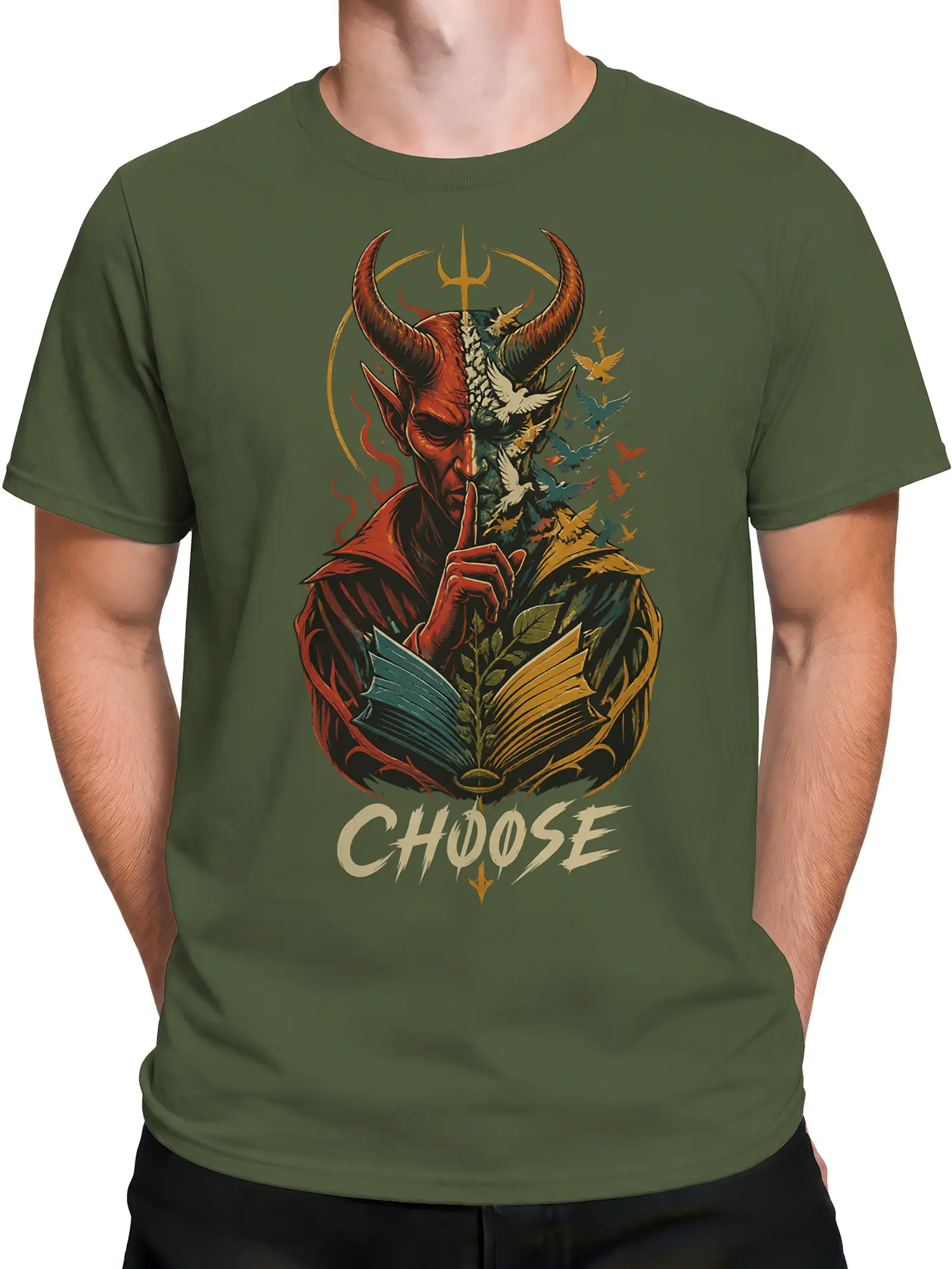 Male torso wearing an olive green fantasy T-shirt with horned figure, book, birds, and CHOOSE design