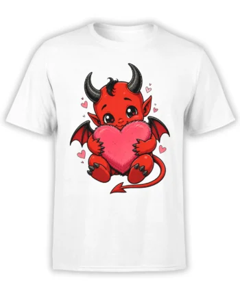 White T-shirt with a cute red devil holding a large pink heart and surrounded by smaller hearts