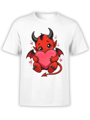 White T-shirt with a cute red devil holding a large pink heart and surrounded by smaller hearts
