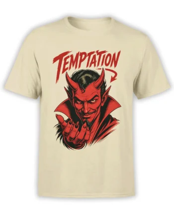 Vintage red devil graphic with horns, clawed hand, and TEMPTATION text on a beige T-shirt