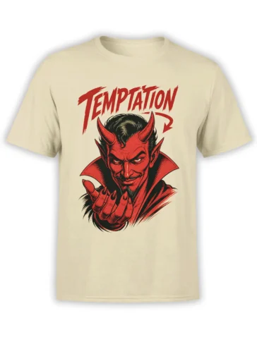 Vintage red devil graphic with horns, clawed hand, and TEMPTATION text on a beige T-shirt