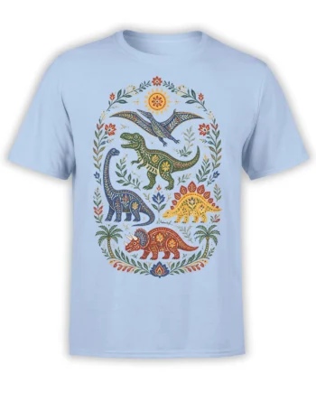 Light blue dinosaur T-shirt with four colorful prehistoric creatures in a detailed floral folk-art design