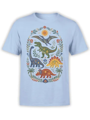 Light blue dinosaur T-shirt with four colorful prehistoric creatures in a detailed floral folk-art design