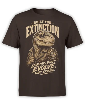 Brown dinosaur T-shirt with a sunglasses-wearing prehistoric character, leather jacket, and cream extinction lettering