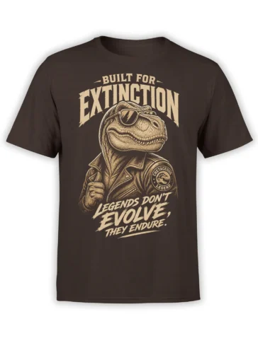 Brown dinosaur T-shirt with a sunglasses-wearing prehistoric character, leather jacket, and cream extinction lettering