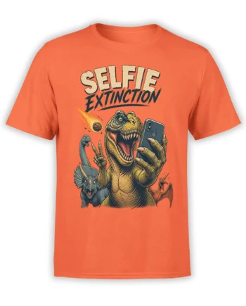 Roaring tyrannosaurus taking a selfie with prehistoric dinosaurs on an orange graphic T-shirt