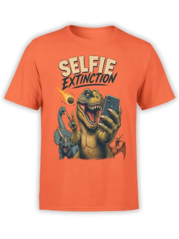 Roaring tyrannosaurus taking a selfie with prehistoric dinosaurs on an orange graphic T-shirt