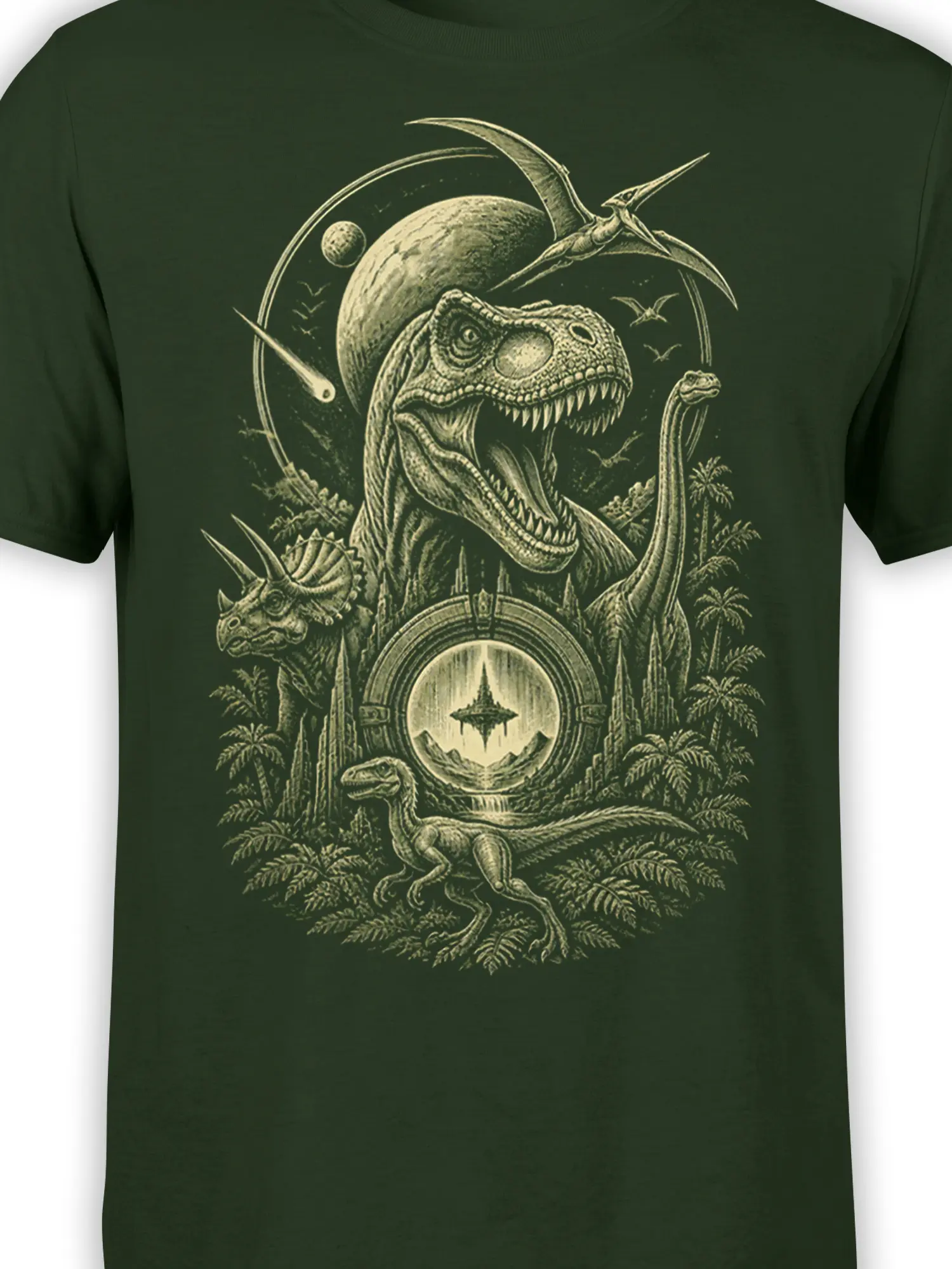 Close-up of vintage dinosaur artwork showing a fierce predator, horned creature, portal, and cosmic details on dark green