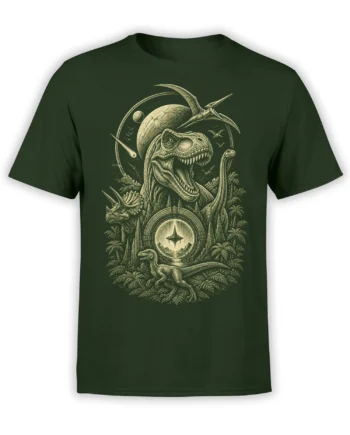 Vintage dinosaur scene with several prehistoric creatures, a cosmic portal, and jungle foliage on a dark green T-shirt
