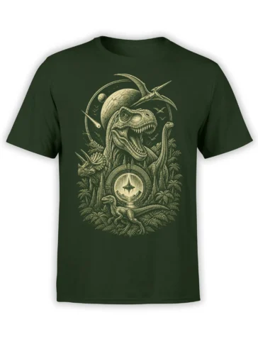 Vintage dinosaur scene with several prehistoric creatures, a cosmic portal, and jungle foliage on a dark green T-shirt