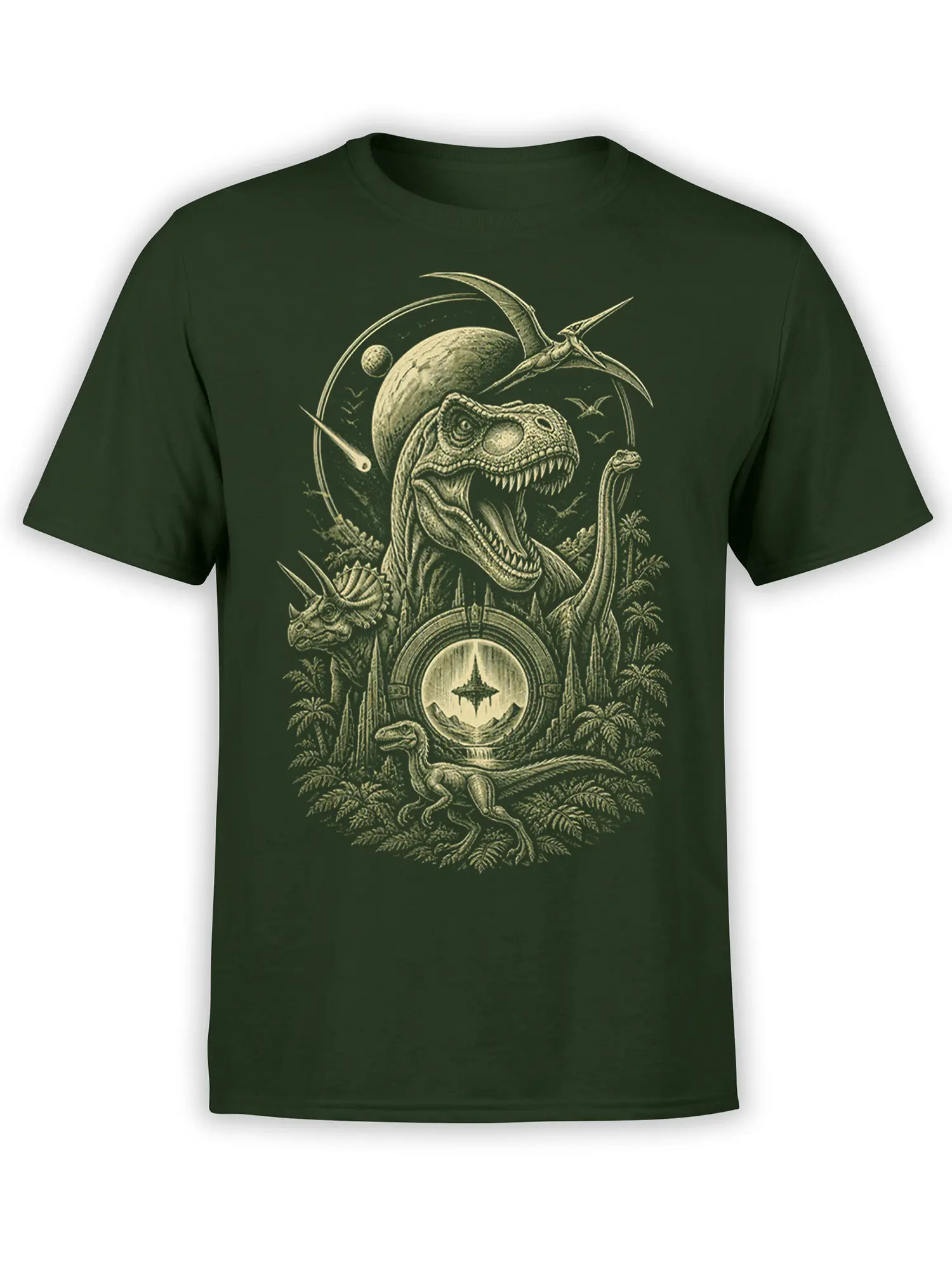 Vintage dinosaur scene with several prehistoric creatures, a cosmic portal, and jungle foliage on a dark green T-shirt