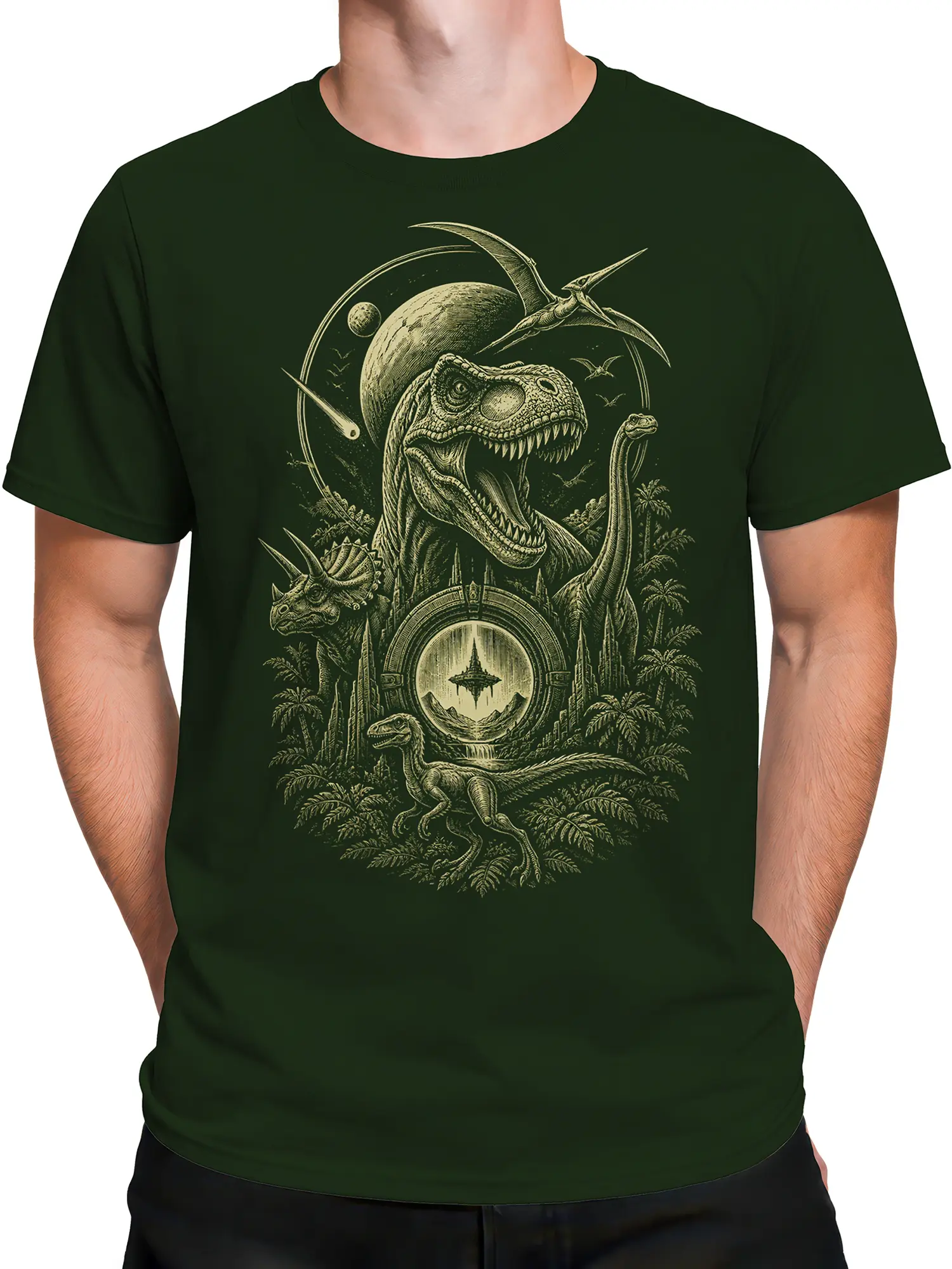 Male torso wearing a dark green dinosaur T-shirt with prehistoric creatures, planets, and a vintage portal illustration