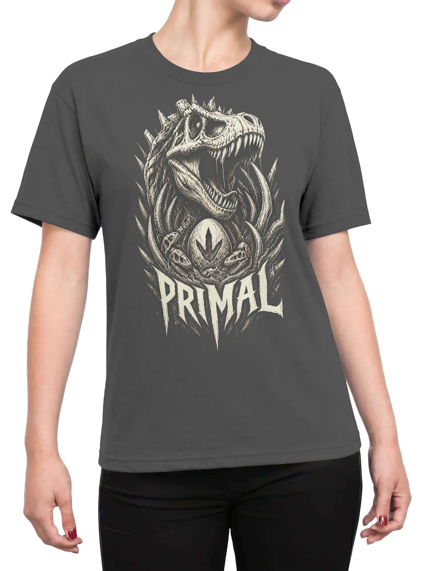 Female torso wearing a gray dinosaur T-shirt with skull artwork, a central egg, and PRIMAL lettering