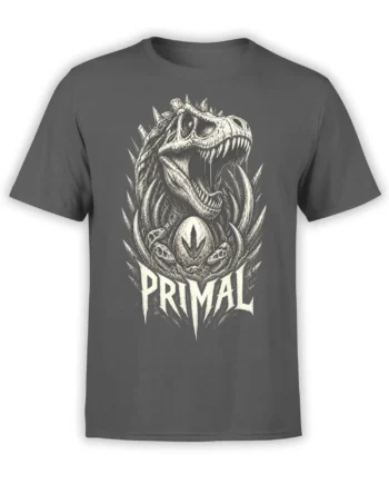 Gray dinosaur T-shirt with roaring skulls, a central prehistoric egg, fossil details, and PRIMAL lettering
