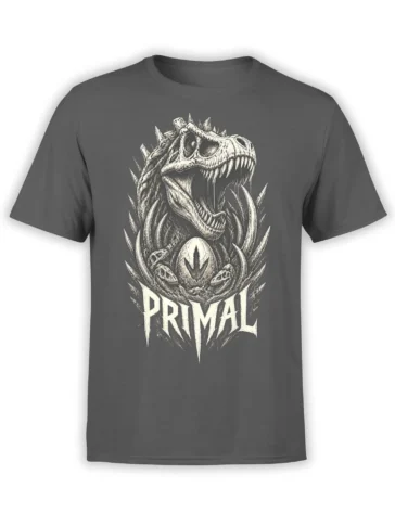 Gray dinosaur T-shirt with roaring skulls, a central prehistoric egg, fossil details, and PRIMAL lettering