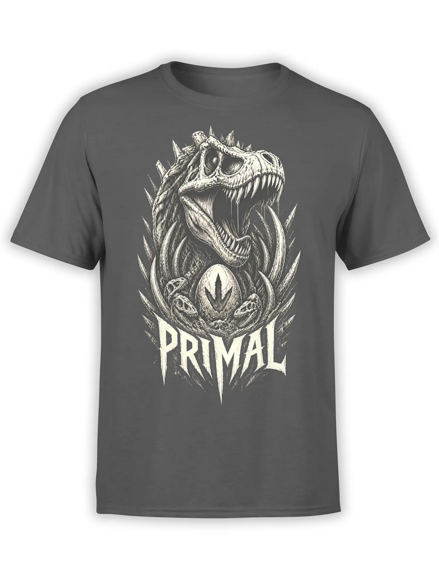 Gray dinosaur T-shirt with roaring skulls, a central prehistoric egg, fossil details, and PRIMAL lettering