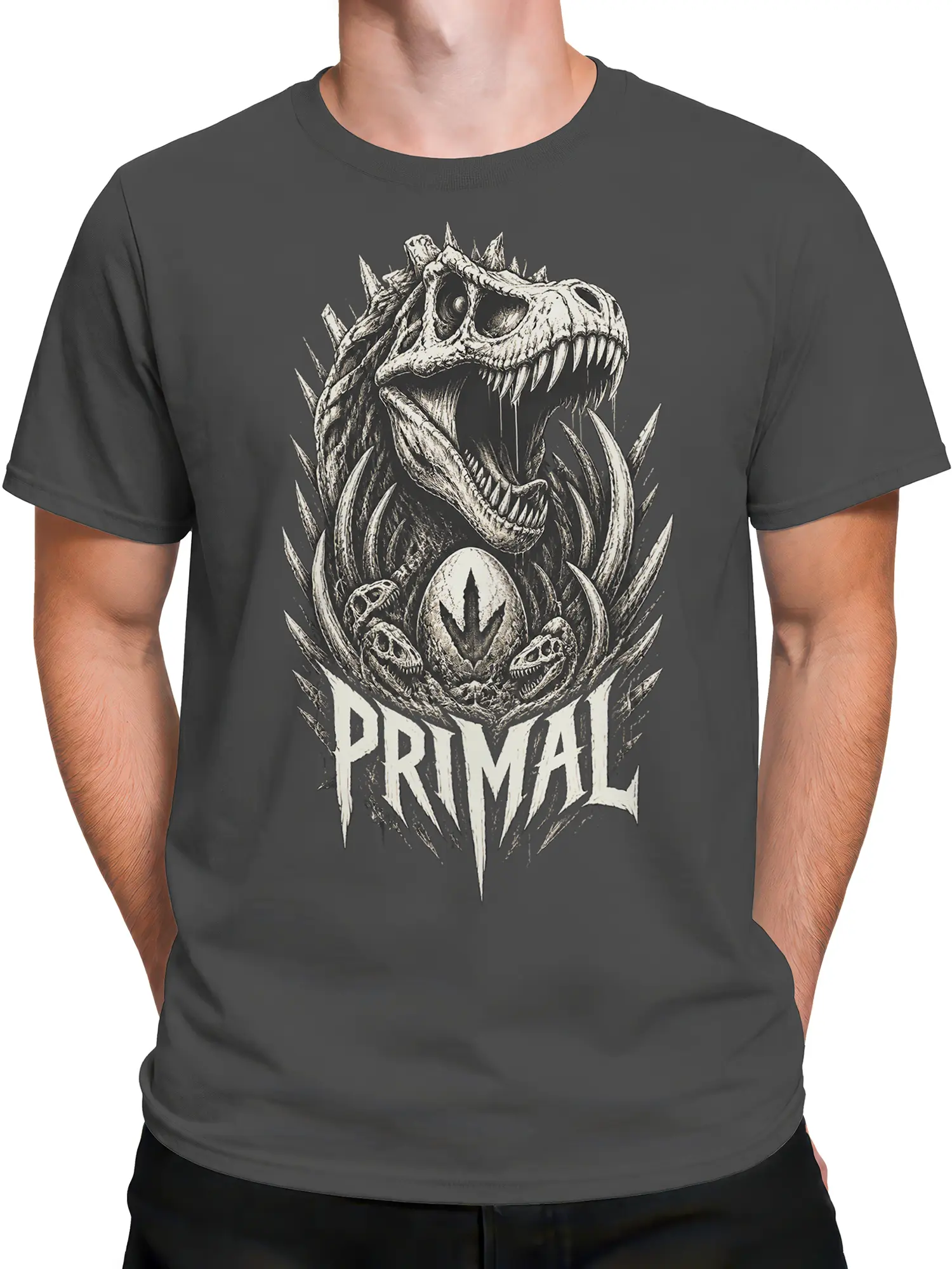 Male torso wearing a gray prehistoric dinosaur T-shirt with detailed skull artwork and PRIMAL lettering