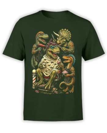 Green dinosaur barbershop T-shirt with a T-rex customer, dinosaur barbers, grooming tools, and barber pole