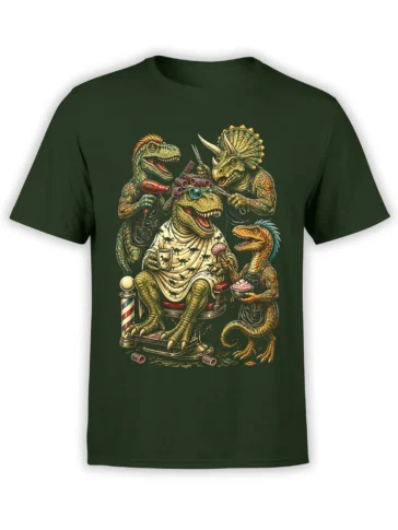 Green dinosaur barbershop T-shirt with a T-rex customer, dinosaur barbers, grooming tools, and barber pole
