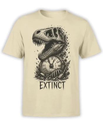 Beige dinosaur T-shirt with a detailed roaring skull, cracked Roman numeral clock, and EXTINCT lettering