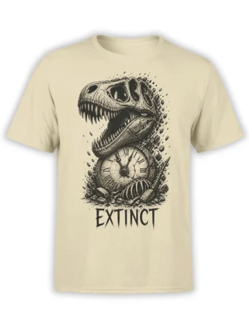 Beige dinosaur T-shirt with a detailed roaring skull, cracked Roman numeral clock, and EXTINCT lettering